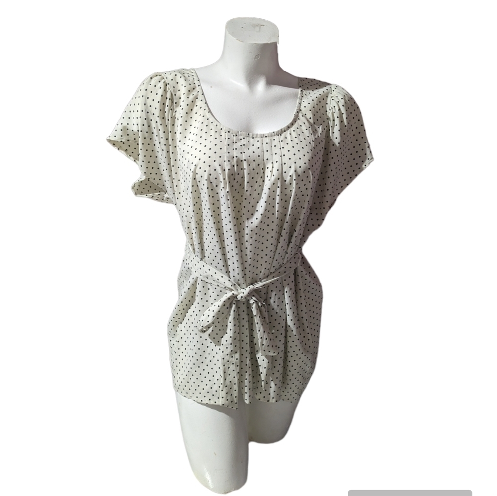 Motherhood Maternity Polka Dot Babydoll Top Flutter Sleeve Tie Waist Large